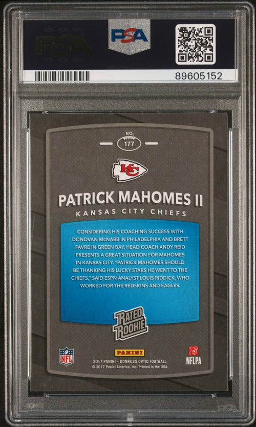 PATRICK MAHOMES SIGNED 2017 PANINI DONRUSS OPTIC RATED ROOKIE RC PSA 8.5 AUTO 10