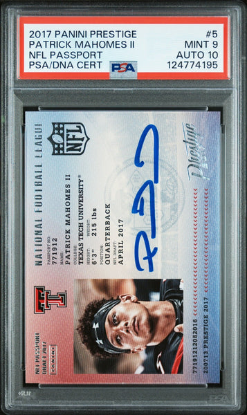 PATRICK MAHOMES SIGNED 2017 PANINI PRESTIGE NFL PASSPORT ROOKIE PSA 9 AUTO 10