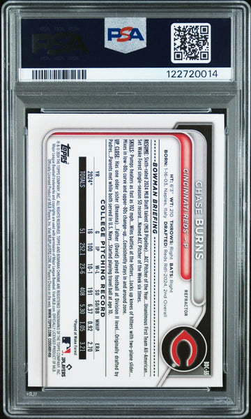 CHASE BURNS SIGNED 2024 BOWMAN CHROME REFRACTOR 1ST ROOKIE RC GEM PSA 10 AUTO 10