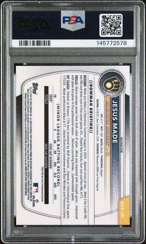 JESUS MADE SIGNED 2025 BOWMAN CHROME REFRACTOR 1ST RC /499 PSA 9 AUTO 10