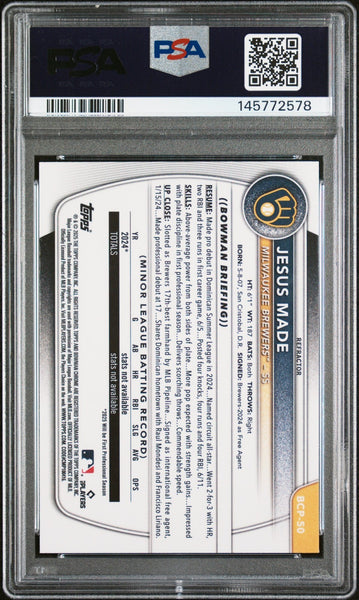 JESUS MADE SIGNED 2025 BOWMAN CHROME REFRACTOR 1ST RC /499 PSA 9 AUTO 10