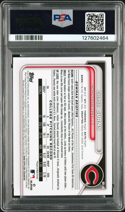 CHASE BURNS SIGNED 2024 BOWMAN CHROME PURPLE REFRACTOR 1ST RC /250 PSA 9 AUTO 10