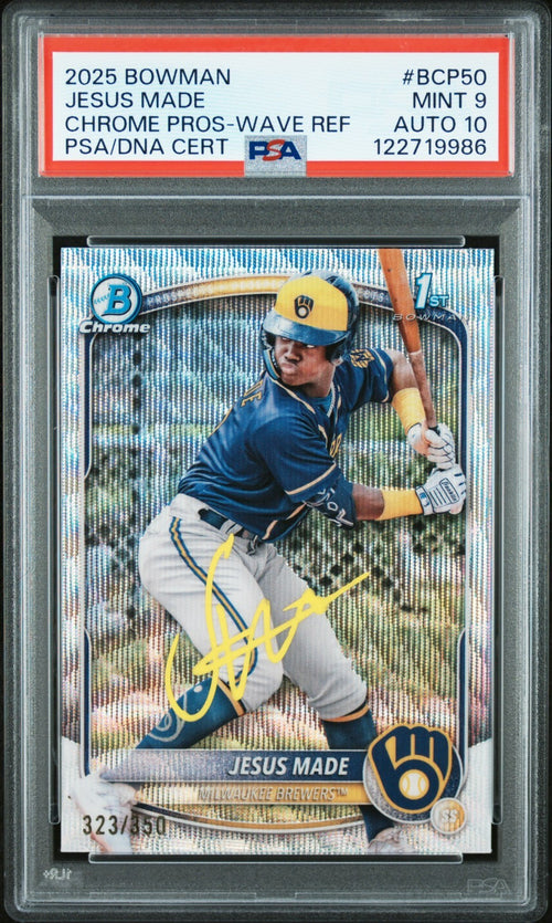 JESUS MADE SIGNED 2025 BOWMAN CHROME 1ST RC WAVE REFRACTOR /350 PSA 9 AUTO 10