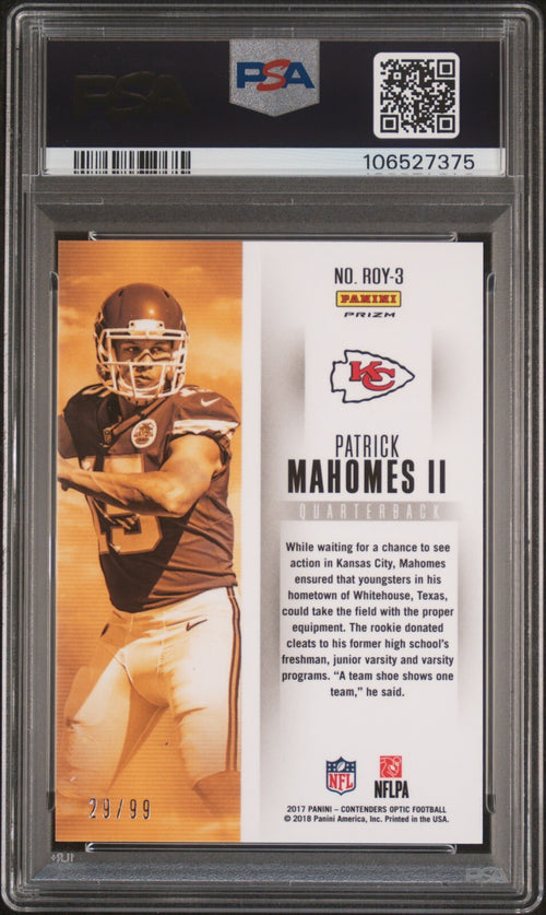 PATRICK MAHOMES SIGNED 2017 PANINI CONTENDERS OPTIC ROY /99 ROOKIE RC AUTO PSA 9