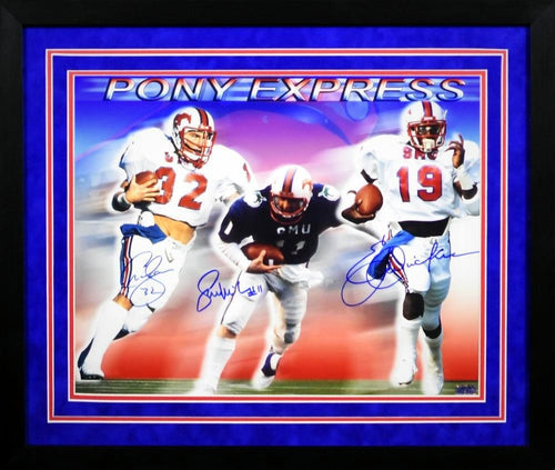 ERIC DICKERSON & CRAIG JAMES SIGNED SMU MUSTANGS PONY EXPRESS 16x20 FRAMED PHOTO