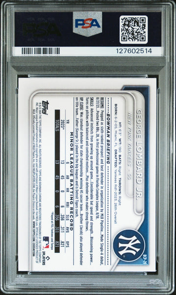 GEORGE LOMBARD JR SIGNED 2024 BOWMAN CHROME MOJO REFRACTOR 1ST RC PSA 10 AUTO 10