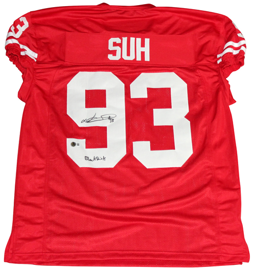 NDAMUKONG SUH SIGNED NEBRASKA CORNHUSKERS #93 RED GAME CUT JERSEY W/ BLACKSHIRTS
