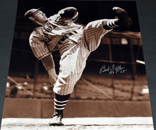 BOB FELLER SIGNED AUTOGRAPHED CLEVELAND INDIANS 16x20 PHOTO JSA W/ HOF 62