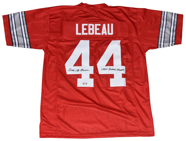 DICK LEBEAU SIGNED OHIO STATE BUCKEYES #44 RED JERSEY W/ 1957 NATIONAL CHAMPS