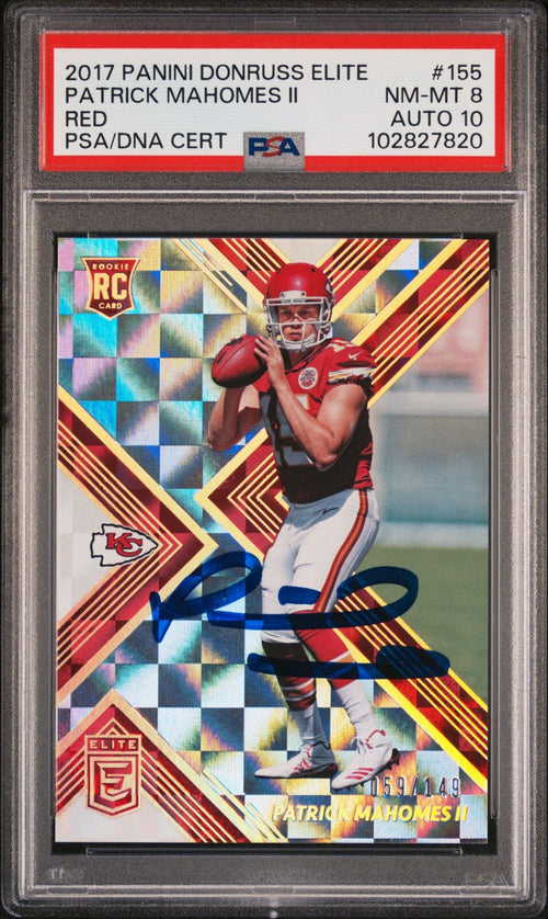 PATRICK MAHOMES SIGNED 2017 PANINI DONRUSS ELITE RED RC /149 PSA 8 AUTO 10