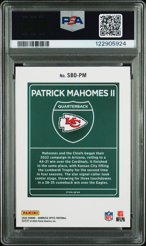 PATRICK MAHOMES SIGNED 2023 DONRUSS OPTIC SUPER BOWL DOWNTOWN PSA 8 AUTO 10