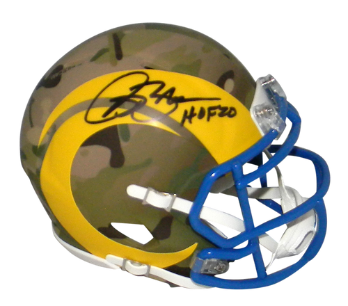 ISAAC BRUCE SIGNED LOS ANGELES ST LOUIS RAMS CAMO SPEED MINI HELMET W/ HOF 20
