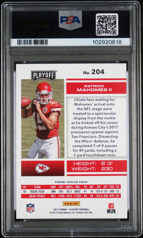 PATRICK MAHOMES SIGNED 2017 PANINI PLAYOFF ROOKIE RC #204 PSA 9 AUTO 10
