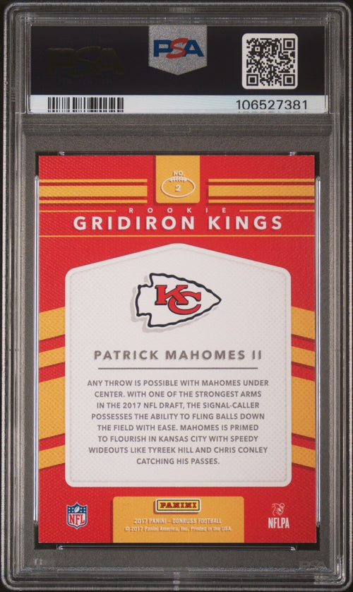 PATRICK MAHOMES SIGNED 2017 PANINI DONRUSS ROOKIE GRIDIRON KINGS PSA 9 AUTO 10