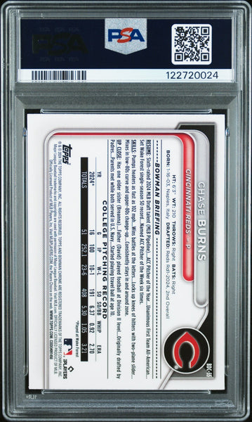 CHASE BURNS SIGNED 2024 BOWMAN CHROME LUNAR GLOW REFRACTOR 1ST RC PSA 9 AUTO 10