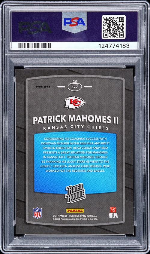 PATRICK MAHOMES SIGNED 2017 PANINI DONRUSS OPTIC RED/YELLOW ROOKIE PSA 9 AUTO 10