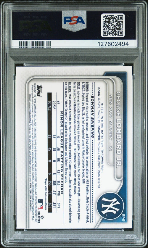 GEORGE LOMBARD JR SIGNED 2024 BOWMAN CHROME LUNAR GLOW REFRACTOR 1ST RC PSA 9