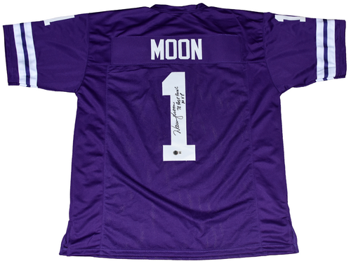 WARREN MOON SIGNED WASHINGTON HUSKIES #1 PURPLE JERSEY W/ 78 ROSE BOWL MVP