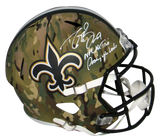 DREW BREES SIGNED NEW ORLEANS SAINTS CAMO FULL SIZE HELMET W/ NFL PASSING LEADER