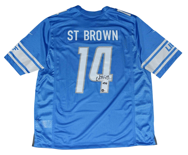 AMON-RA ST BROWN SIGNED AUTOGRAPHED DETROIT LIONS #14 NIKE BLUE JERSEY BECKETT