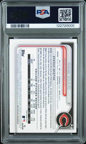 CHASE BURNS SIGNED 2024 BOWMAN DRAFT 1ST ROOKIE RC PSA AUTO AUTHENTIC