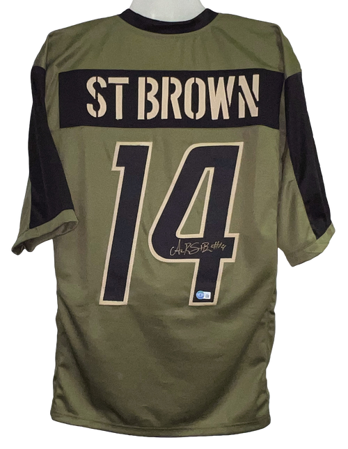 AMON-RA ST BROWN SIGNED DETROIT LIONS #14 SALUTE TO SERVICE JERSEY BECKETT