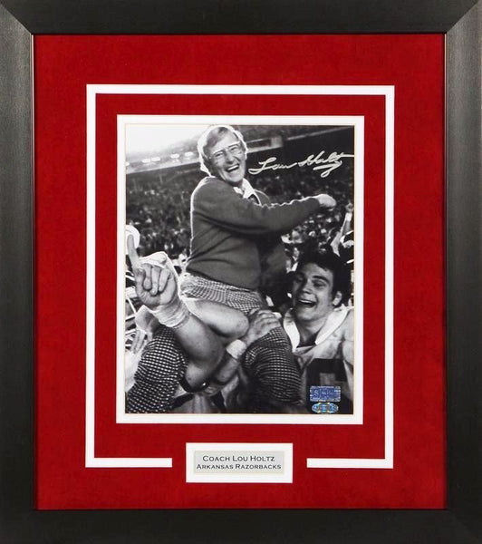 LOU HOLTZ SIGNED ARKANSAS RAZORBACKS 8x10 FRAMED PHOTO COA