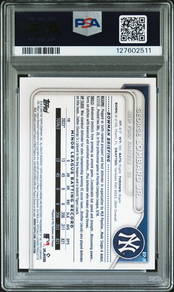 GEORGE LOMBARD JR SIGNED 2024 BOWMAN CHROME MOJO REFRACTOR 1ST RC PSA 10 AUTO 10