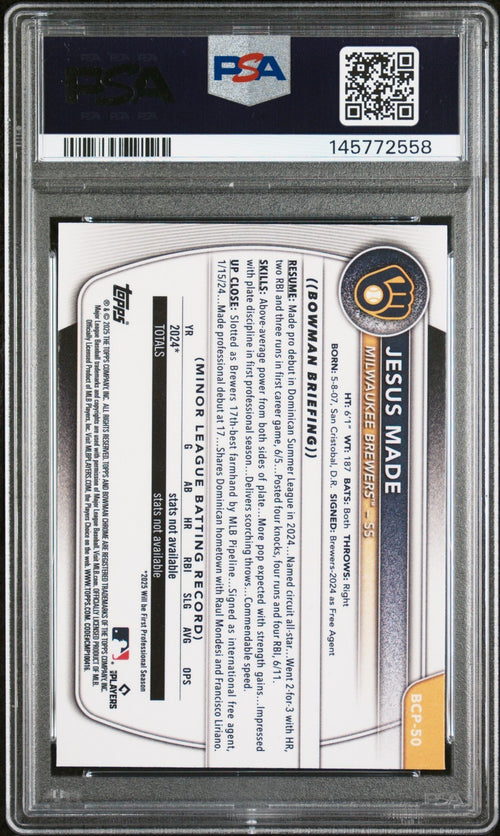 JESUS MADE SIGNED 2025 BOWMAN CHROME PROSPECTS 1ST ROOKIE RC PSA AUTO 10