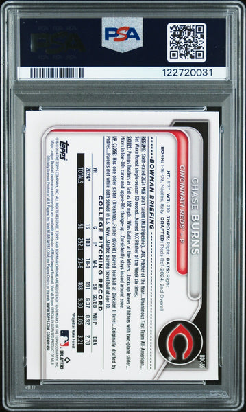 CHASE BURNS SIGNED 2024 BOWMAN CHROME SKY BLUE REFRACTOR 1ST RC AUTO PSA 9