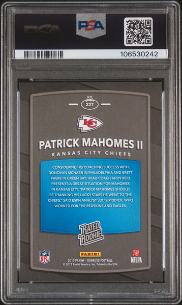 PATRICK MAHOMES SIGNED 2017 PANINI DONRUSS RATED ROOKIE #327 RC PSA 8 AUTO 10