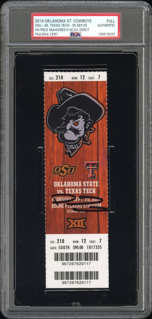 PATRICK MAHOMES SIGNED 2014 TEXAS TECH VS OKLAHOMA STATE NCAA DEBUT TICKET PSA
