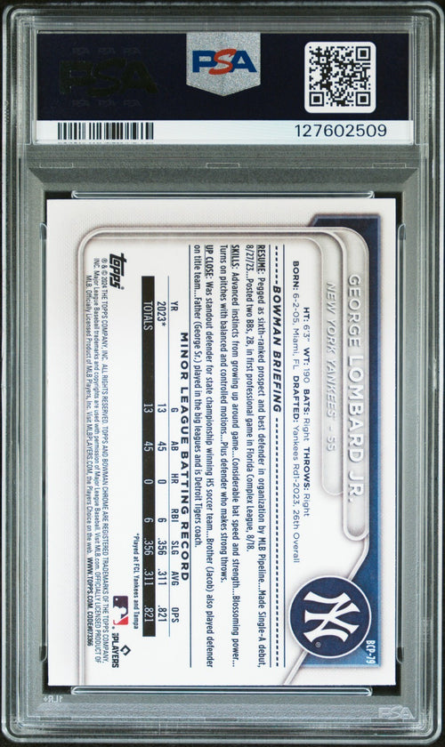 GEORGE LOMBARD JR SIGNED 2024 BOWMAN CHROME MOJO REFRACTOR 1ST RC PSA 9 AUTO 10