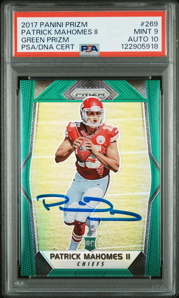 PATRICK MAHOMES SIGNED 2017 PANINI GREEN PRIZM ROOKIE #269 RC PSA 9 AUTO 10