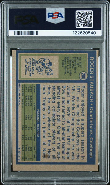 ROGER STAUBACH SIGNED 1972 TOPPS ROOKIE CARD #200 HOF 85 SB VI MVP PSA 7 AUTO 10