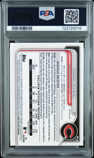 CHASE BURNS SIGNED 2024 BOWMAN CHROME REFRACTOR 1ST ROOKIE RC PSA AUTO 10