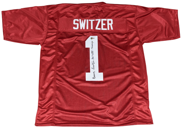 BARRY SWITZER AUTOGRAPHED OKLAHOMA SOONERS #1 JERSEY W/ 3X NATL CHAMPS