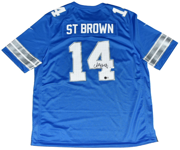 AMON-RA ST BROWN AUTOGRAPHED DETROIT LIONS #14 NIKE 2024 BLUE JERSEY BECKETT