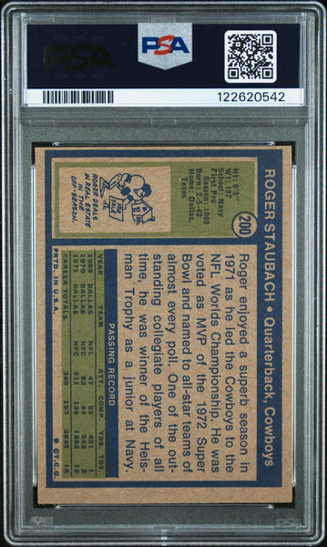 ROGER STAUBACH SIGNED 1972 TOPPS ROOKIE CARD #200 HOF 85 SB VI MVP PSA 5 AUTO 10