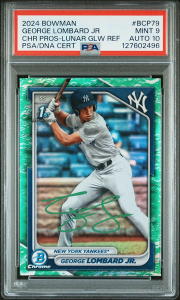 GEORGE LOMBARD JR SIGNED 2024 BOWMAN CHROME LUNAR GLOW REFRACTOR PSA 9 AUTO 10