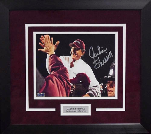JACKIE SHERRILL AUTOGRAPHED MISSISSIPPI STATE BULLDOGS 8x10 FRAMED PHOTO COA