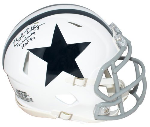 BOB LILLY SIGNED DALLAS COWBOYS THROWBACK MINI HELMET W/ MR COWBOY & HOF 80