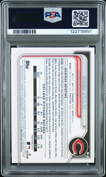 CHASE BURNS SIGNED 2024 BOWMAN DRAFT 1ST ROOKIE RC PSA AUTO 10