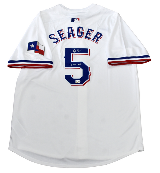 COREY SEAGER SIGNED TEXAS RANGERS #5 WHITE NIKE LIMITED JERSEY W/ 23 WS MVP