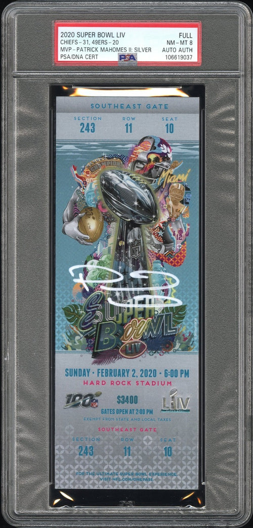 PATRICK MAHOMES SIGNED SUPER BOWL LIV 54 SILVER TICKET CHIEFS 49ERS PSA 8 AUTO