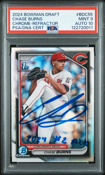 CHASE BURNS SIGNED 2024 BOWMAN CHROME REFRACTOR 1ST ROOKIE RC PSA 9 AUTO 10