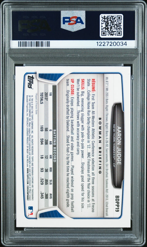 AARON JUDGE SIGNED 2013 1st BOWMAN CHROME ROOKIE RC AUTO PSA 9 - FULL SIGNATURE