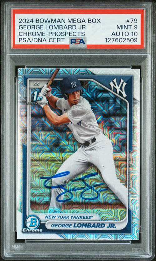 GEORGE LOMBARD JR SIGNED 2024 BOWMAN CHROME MOJO REFRACTOR 1ST RC PSA 9 AUTO 10