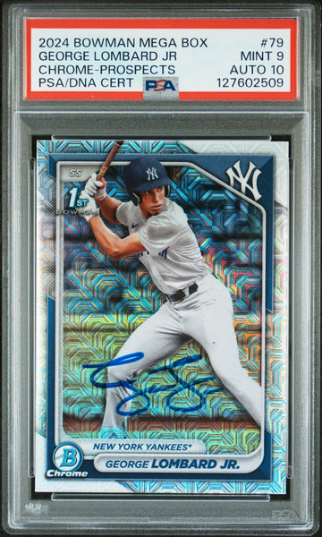 GEORGE LOMBARD JR SIGNED 2024 BOWMAN CHROME MOJO REFRACTOR 1ST RC PSA 9 AUTO 10