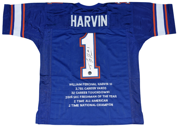 PERCY HARVIN AUTOGRAPHED FLORIDA GATORS #1 BLUE STAT JERSEY COA